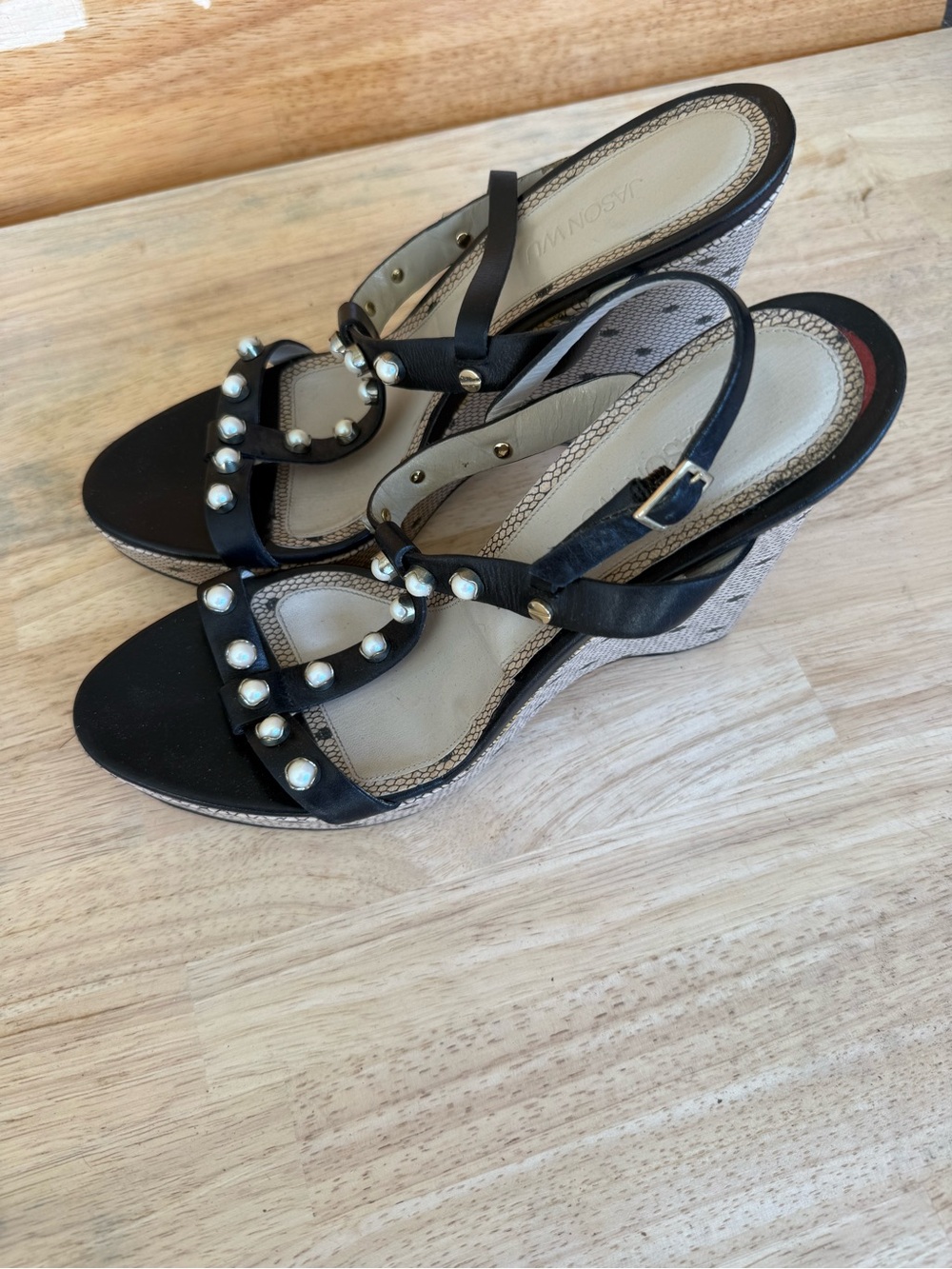 Jason Wu Pearl Stud Wedge Sandals Black Leather Slingback Heels Size 40